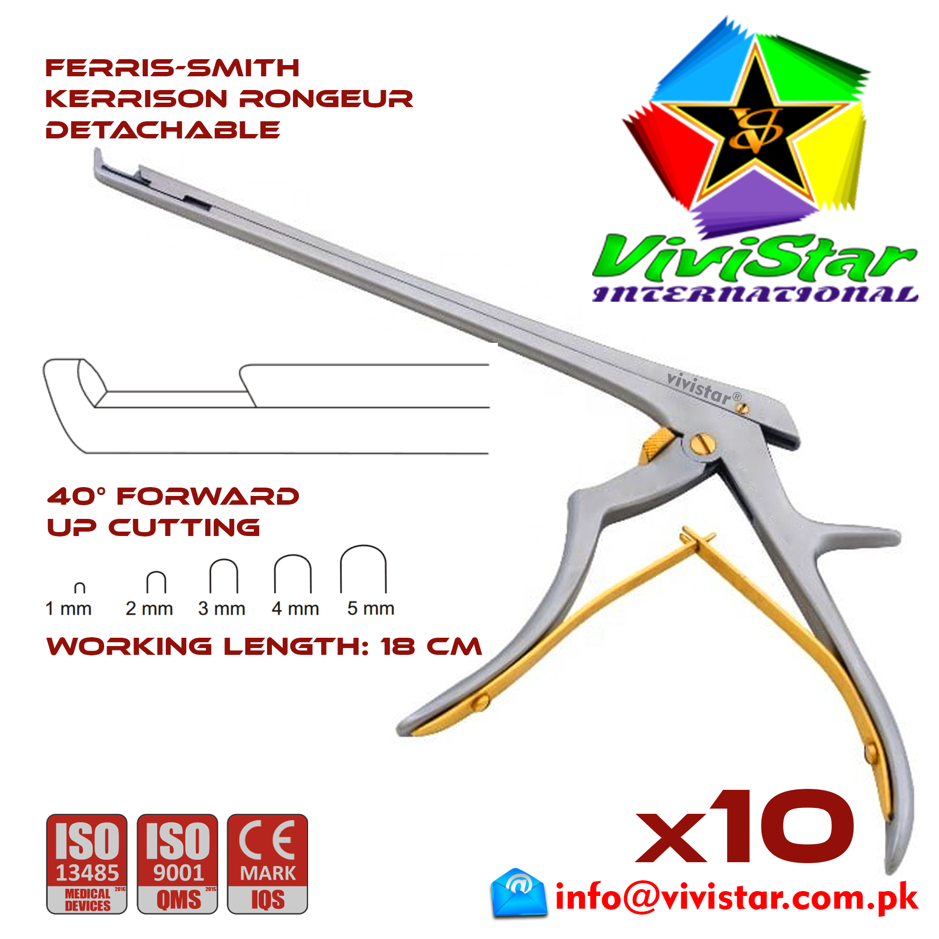 Ferris-Smith Kerrison Rongeur Detachable UP Punch 40 degree 1 - 5 mm 18 cm 7 inch working length neurosurgical intracranial bone cuts ENT handle Neurosurgery Spine Orthopedic Pack of 10