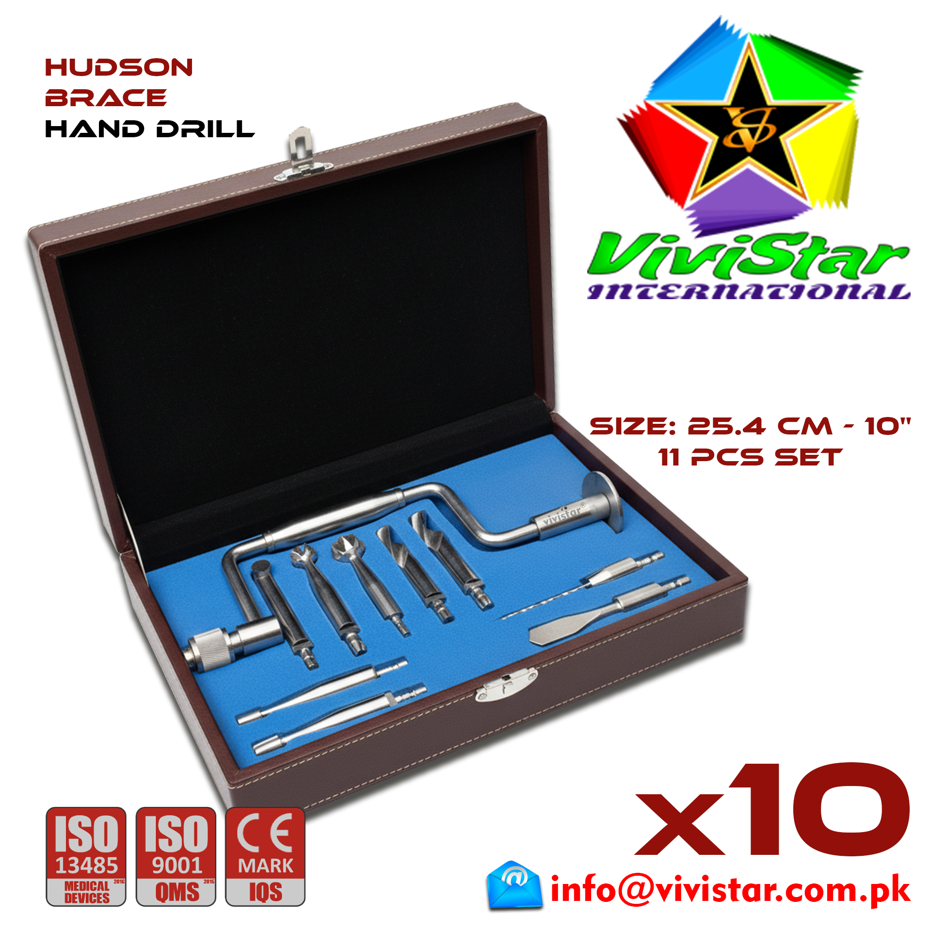 Hudson Brace Hand Drill 10 – Neurosurgical Burr Hole Instrument skull hole 3 Burrs 3 Drills 2 Perforators 1 Extension 1 Storage Box Pack of 10