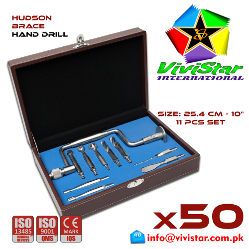 Hudson Brace Hand Drill 10 – Neurosurgical Burr Hole Instrument skull hole 3 Burrs 3 Drills 2 Perforators 1 Extension 1 Storage Box Pack of 50 Fifty