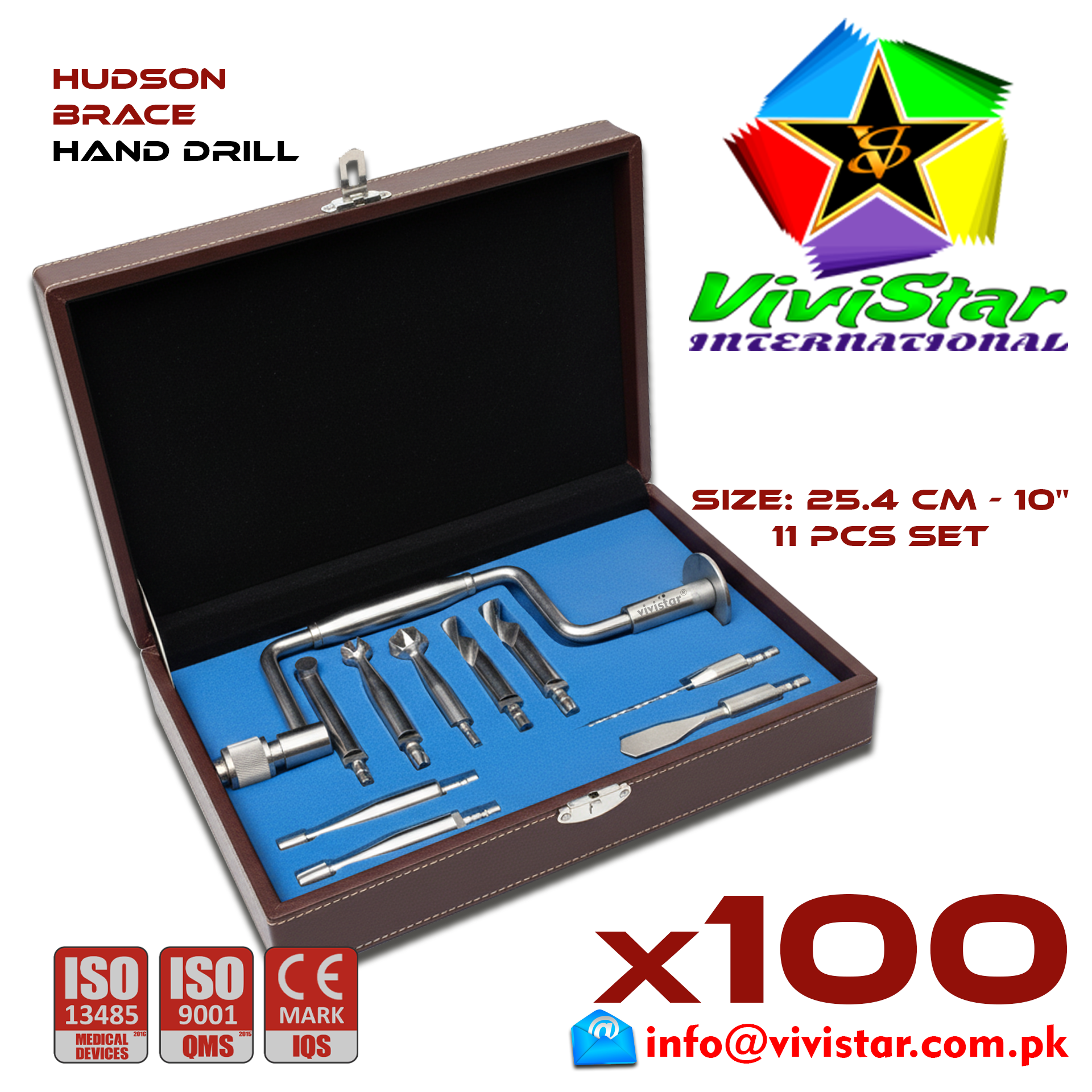 Hudson Brace Hand Drill 10 – Neurosurgical Burr Hole Instrument skull hole 3 Burrs 3 Drills 2 Perforators 1 Extension 1 Storage Box Pack of 100 Hundred