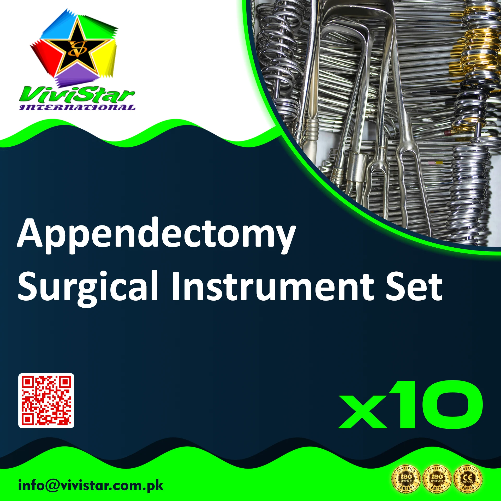 Appendectomy Surgical Instrument Set Abdominal Appendicitis appendix Scissors Mayo Artery Forceps Kocher Sponge Tissue Amniotomy Hook Needle Holder Towel Clamps Kidney Dish Pack of 10 Sets