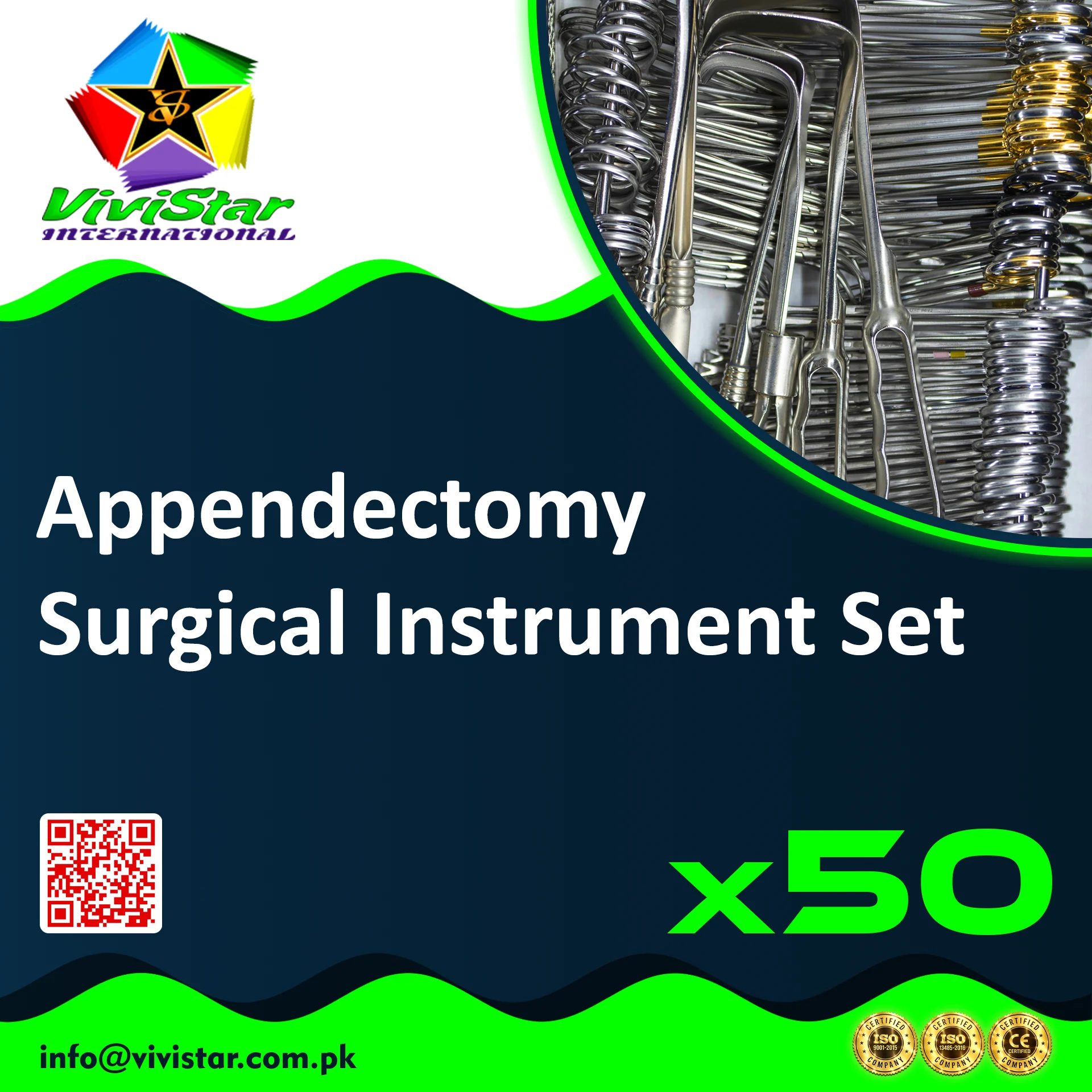 Appendectomy Surgical Instrument Set Abdominal Appendicitis appendix Scissors Mayo Artery Forceps Kocher Sponge Tissue Amniotomy Hook Needle Holder Towel Clamps Kidney Dish Pack of 50 Sets