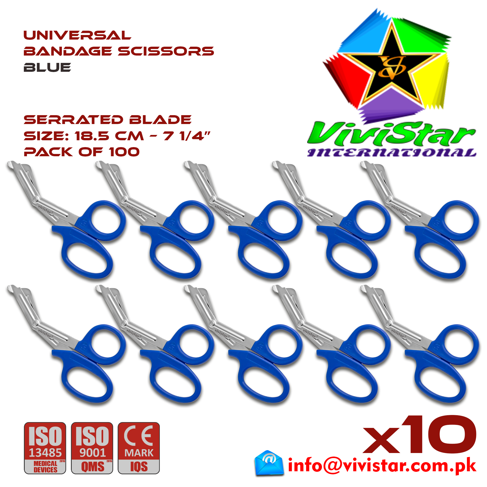 Universal Bandage Scissors 7-25 Blue Shears Heavy Duty EMT EMS Utility Trauma Set First Aid Stainless Steel Blades and Plastic Handles Paramedic Nursing Tools Pack of 100 Hundred