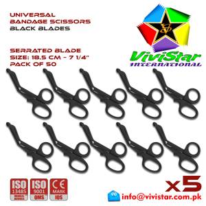 Universal Bandage Scissors 7-25 Black Blades EMS Shears Heavy Duty EMT Utility Trauma Set First Aid Stainless Steel Blades and Plastic Handles Paramedic Nursing Tools Pack of 50 Fifty