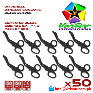 Universal Bandage Scissors 7-25 Black Blades EMS Shears Heavy Duty EMT Utility Trauma Set First Aid Stainless Steel Blades and Plastic Handles Paramedic Nursing Tools Pack of 500 Hundred