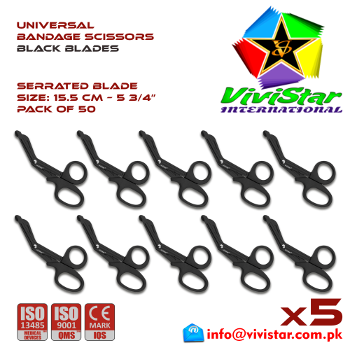 Universal Bandage Scissors 5-75 Black Blades EMS Shears Heavy Duty EMT Utility Trauma Set First Aid Stainless Steel Blades and Plastic Handles Paramedic Nursing Tools 50 Fifty