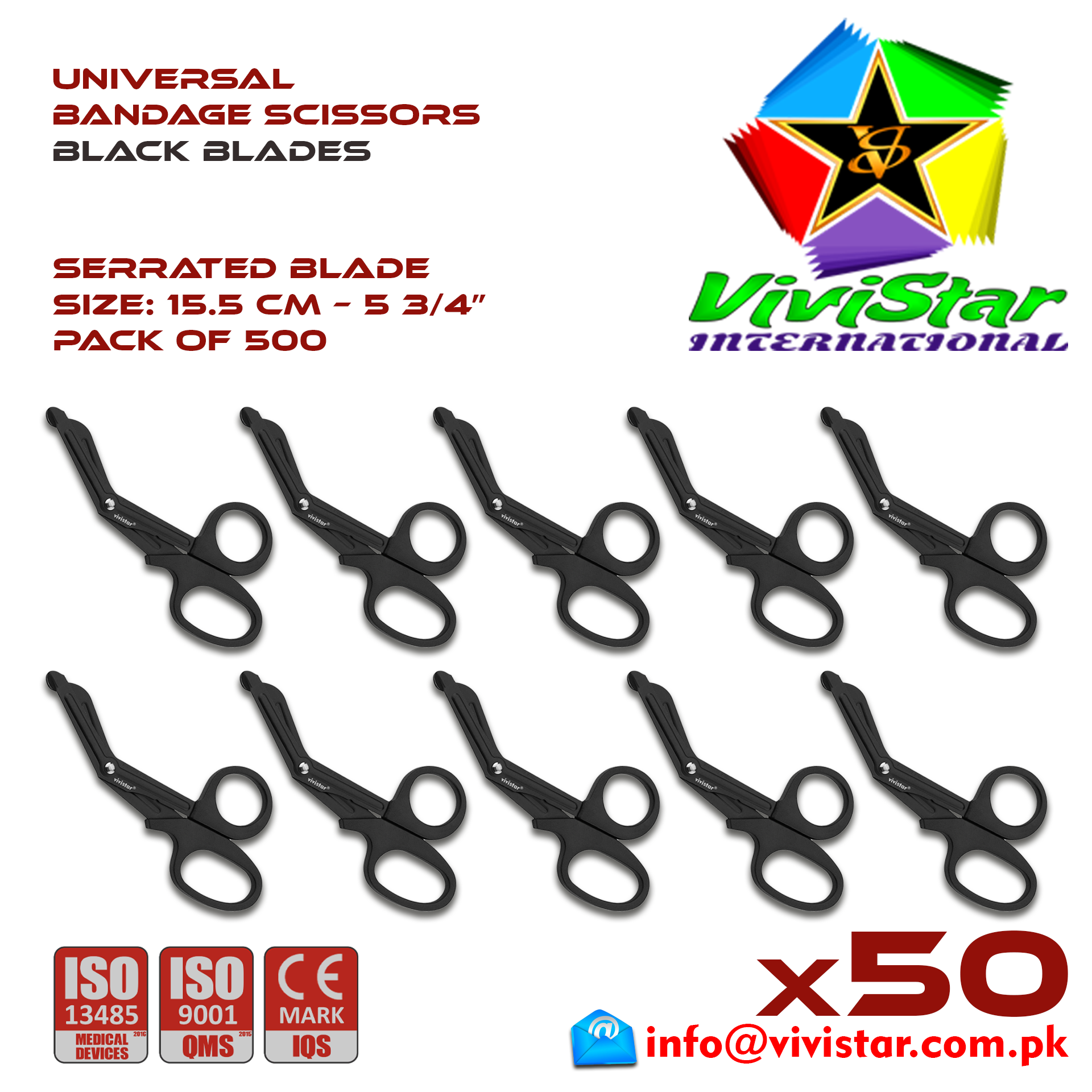 Universal Bandage Scissors 5-75 Black Blades EMS Shears Heavy Duty EMT Utility Trauma Set First Aid Stainless Steel Blades and Plastic Handles Paramedic Nursing Tools Pack of 500 Hundred