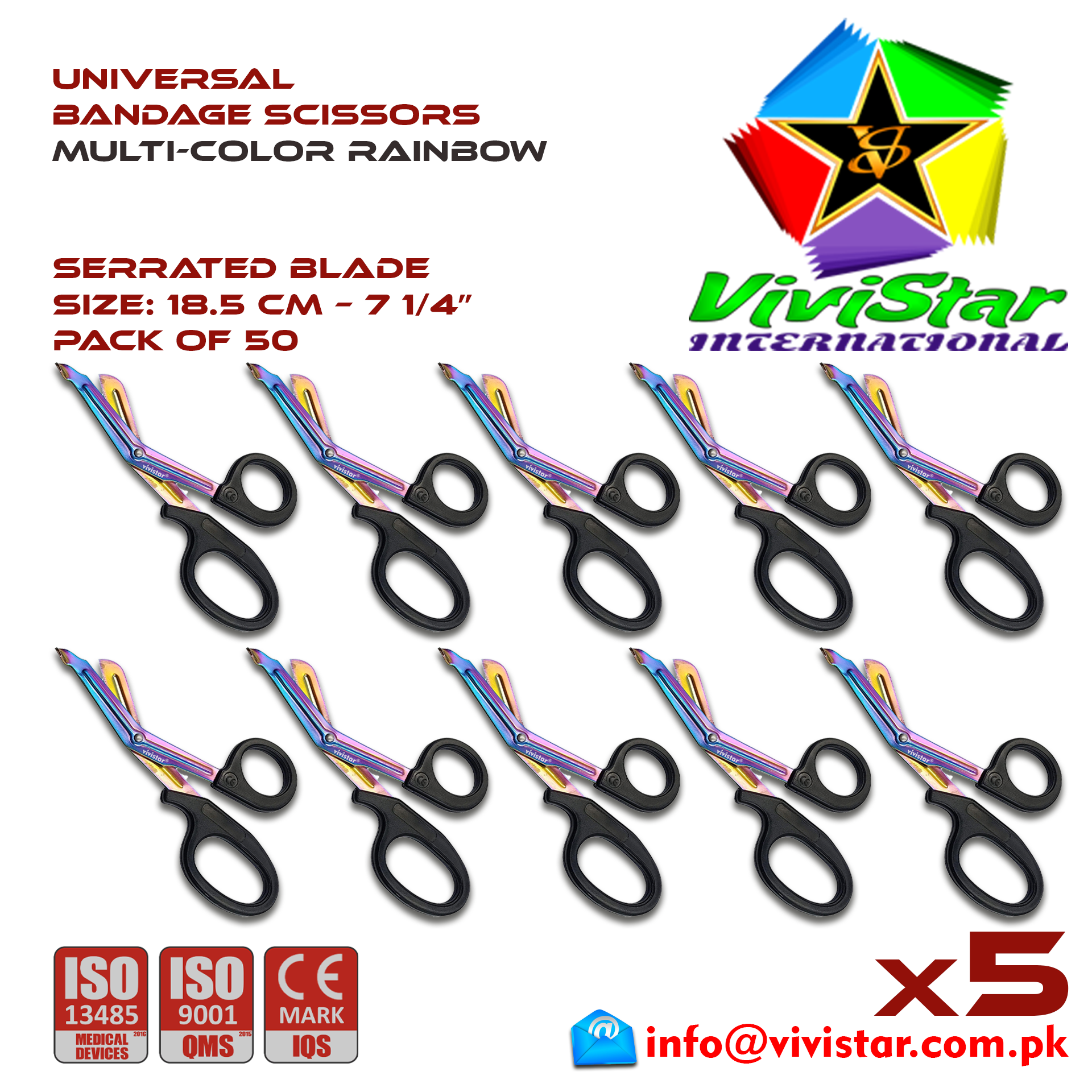 Universal Bandage Scissors 7-25 MultiColor Rainbow EMS Shears Heavy Duty EMT Utility Trauma Set First Aid Stainless Steel Blades and Plastic Handles Paramedic Nursing Tools Pack of 50 Fifty