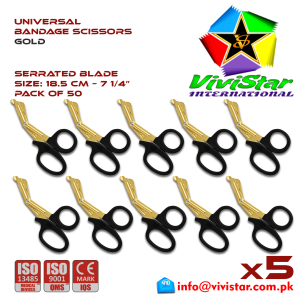 Universal Bandage Scissors 7-25 Gold EMS Shears Heavy Duty EMT Utility Trauma Set First Aid Stainless Steel Blades and Plastic Handles Paramedic Nursing Tools Pack of 50 Fifty