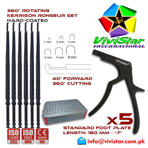 360 Degree Rotating Kerrison Rongeur set with sterilization Box 40 degree 1 - 6 mm 18 cm 180 mm 7 inch Black neurosurgical intracranial surgeons ENT Neurosurgery Spine Orthopedic Pack of 5