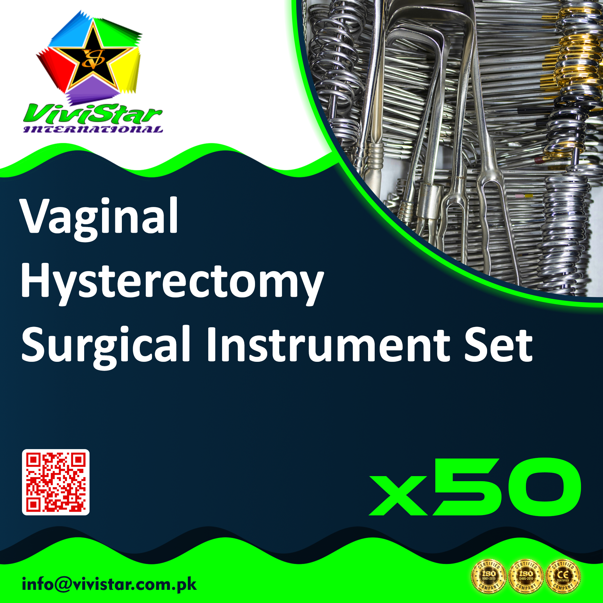 vaginal hysterectomy Surgical Instrument Set , vaginal-assisted hysterectomy, uterine prolapse correction, cystocele and rectocele repair, uterine fibroid management surgery Pack of 50 sets