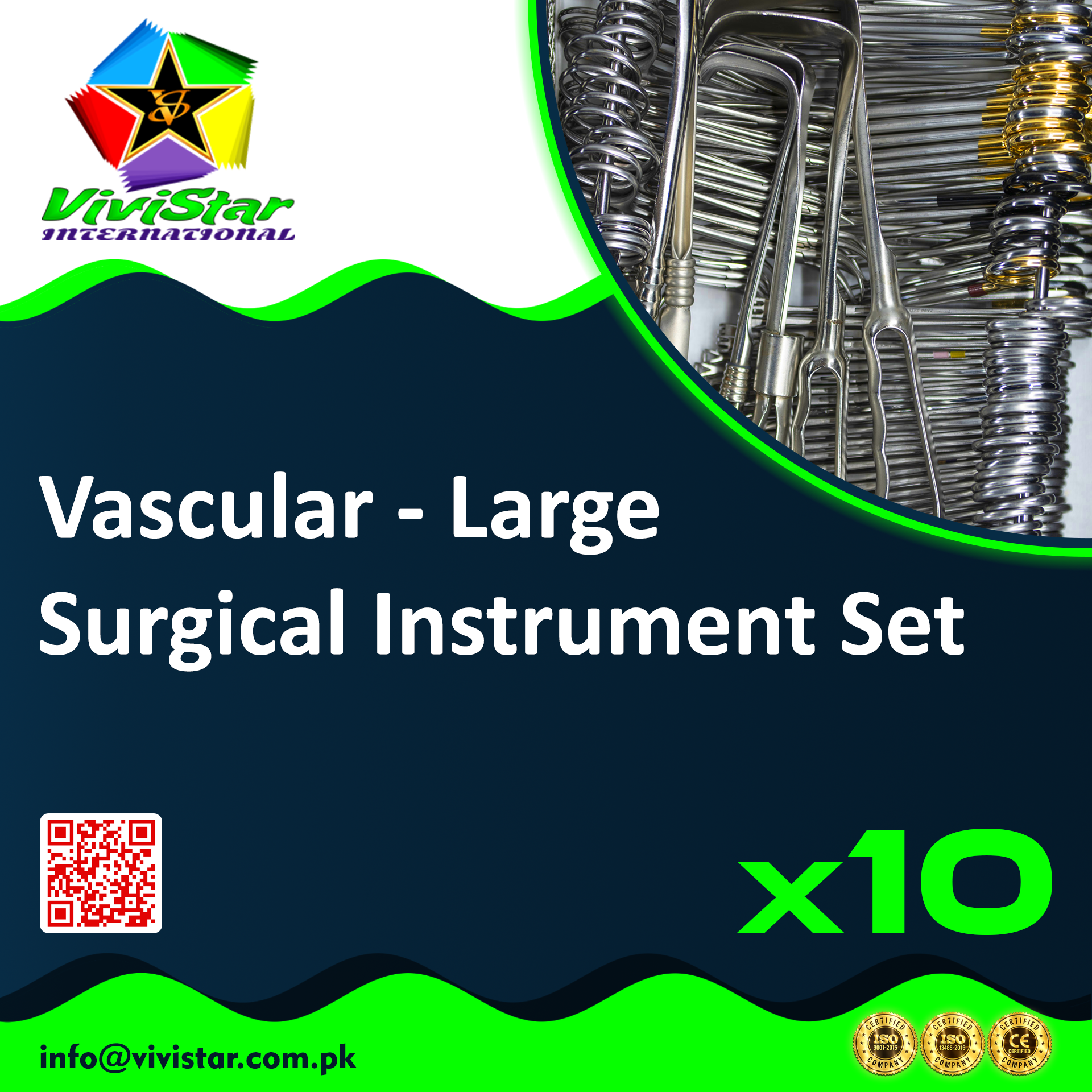 Vascular - Large Surgical Instrument Set arterial venous bypass surgery carotid endarterectomy aortic aneurysm repair arteriovenous (AV) fistula thrombectomy embolectomy graft placement reconstructions Tissue Babcock Metzenbaum Scissors Balfour Clamps Pack of 10 Sets