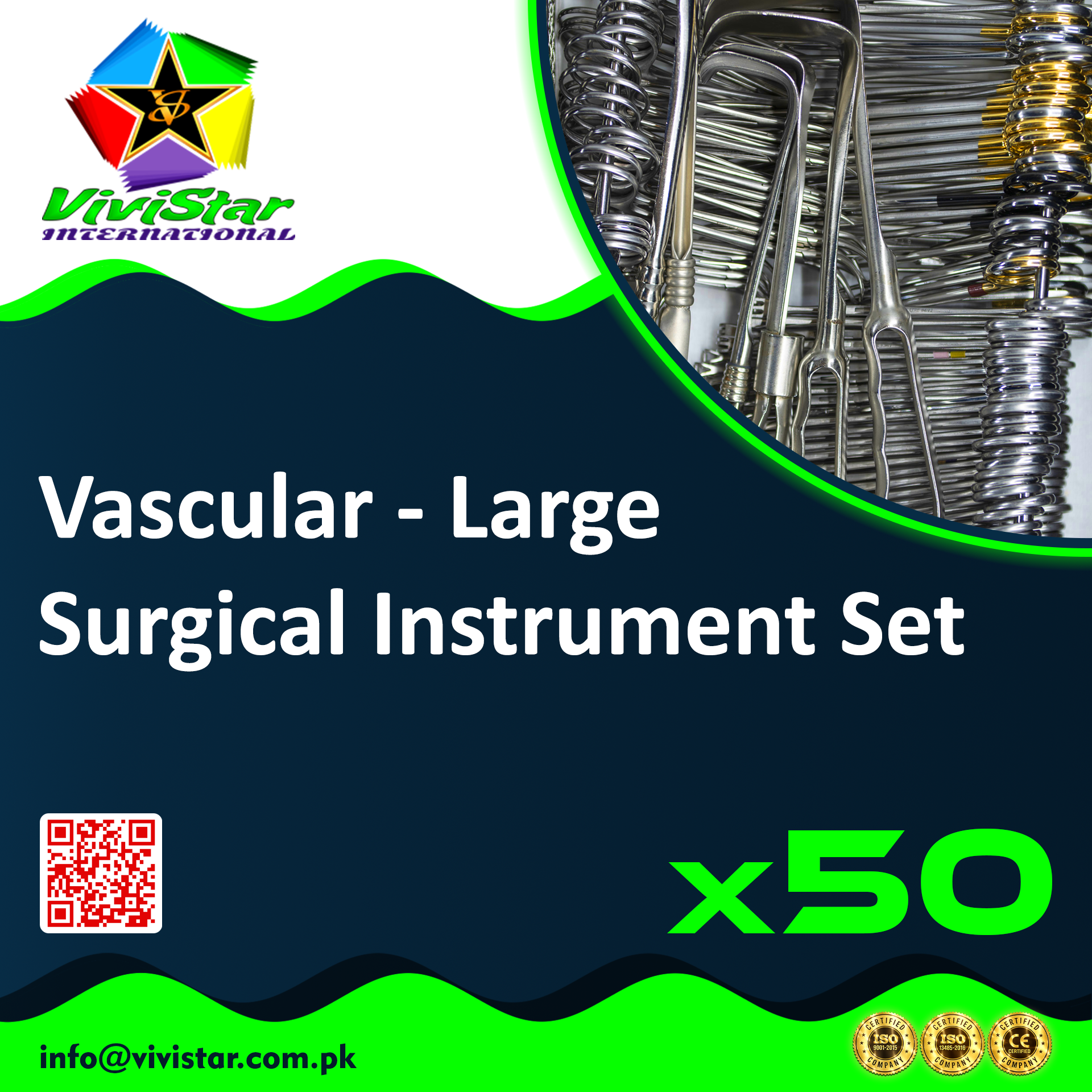 Vascular - Large Surgical Instrument Set arterial venous bypass surgery carotid endarterectomy aortic aneurysm repair arteriovenous (AV) fistula thrombectomy embolectomy graft placement reconstructions Tissue Babcock Metzenbaum Scissors Balfour Clamps Pack of 50 Sets